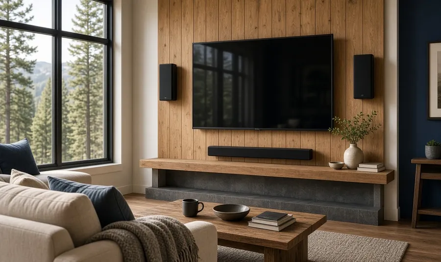 Home theater with a wall-mounted TV, soundbar, and in-wall speakers built into a wood accent wall
